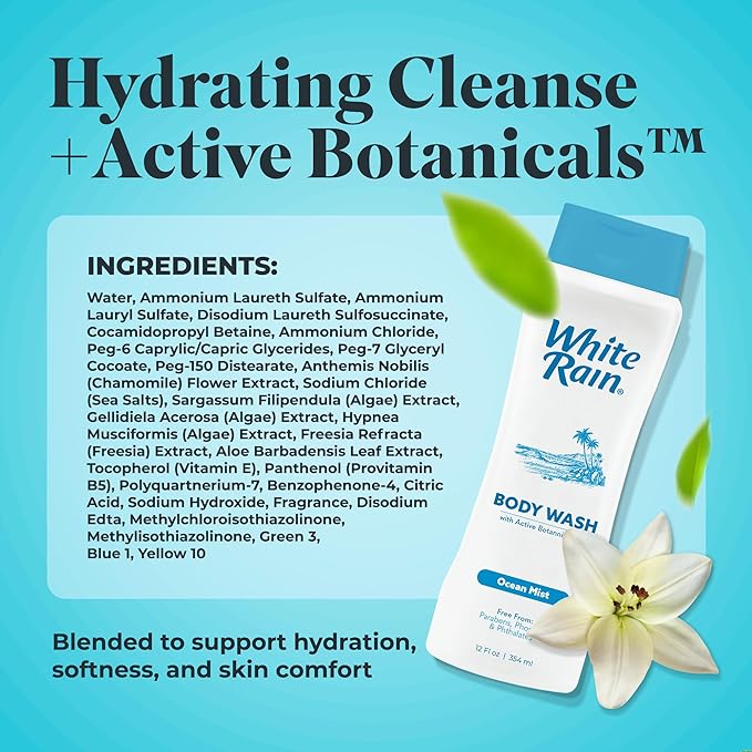 White Rain Ocean Mist Body Wash for Men & Women, 12 fl oz - Moisturizing Shower Gel Body Wash for Women & Men - Paraben-Free, Gentle Cleansing with Aloe & Vitamins for Soft Skin