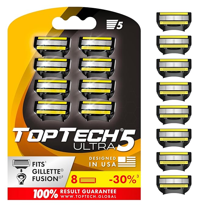 TopTech ULTRA 5 Razors for Men - Replaceable Cartridges for Manual Shaving Razor, 5 Blades Technology Refills - 8 Count Pack - Fits Gillette Fusion - Soft Shave & Sharp - Cost-effective Refill