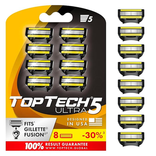 TopTech ULTRA 5 Razors for Men - Replaceable Cartridges for Manual Shaving Razor, 5 Blades Technology Refills - 8 Count Pack - Fits Gillette Fusion - Soft Shave & Sharp - Cost-effective Refill