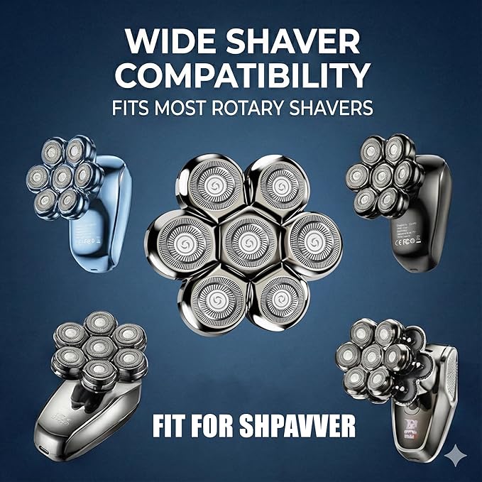 2Pack Fit for SHPAVVER Replacement Heads,7 Blade Floating Head Fit for Cyruzi Replacement Head,Compatible with SHPAVVER/Cyruzi Head Shavers for Bald Men,Magnetic IPX7 Waterproof Shaver Heads.