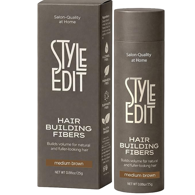 Style Edit Hair Building Fibers for Thinning Hair | Conceals Receding Hairlines, Fine Hair & Bald Spots for Fuller looking hair, 100% Plant-Based Thickening Powder for Men & Women, Medium Brown 0.88oz
