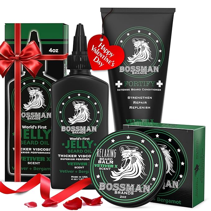 Bossman Essentials Beard Kit for Men, Set of 3 - Beard Oil Jelly, Fortifying Conditioner Cream, Beard Balm - Grooming Growth Care Accessories - Gift Set for Men (Vetiver X)
