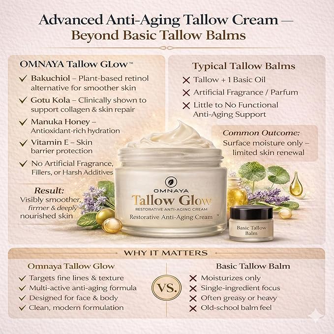 Organic Premium Grass Fed Beef Tallow for Skin Cream - With Bakuchiol & Gotu Kola for Anti-Aging, Face & Body Cream with Jojoba, Honey, Greek Olive Oil 4oz