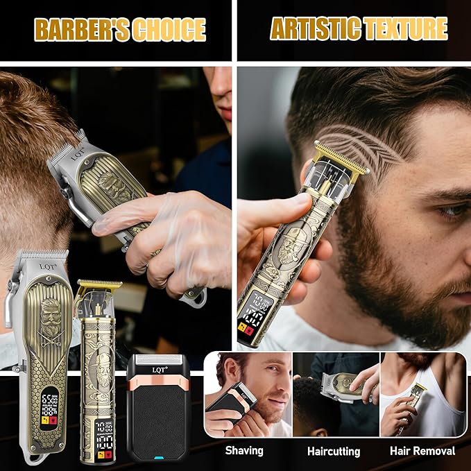 Cordless Hair Clippers Set for Men, Professional Hair and Beard Trimmer Kit with LED Display, Foil Shaver, Powerful Motor, Multiple Combs, Bronze, Grooming Gift for Him, Home and Salon,Barber Kit