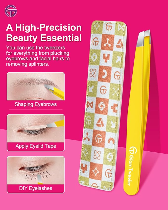 Expert Eyebrow Hair Removal Tweezer with Leather Case, GlamTweeler High Precision Slant Tip Stainless Steel Tweezers for Men and Women (Chartreuse Yellow)