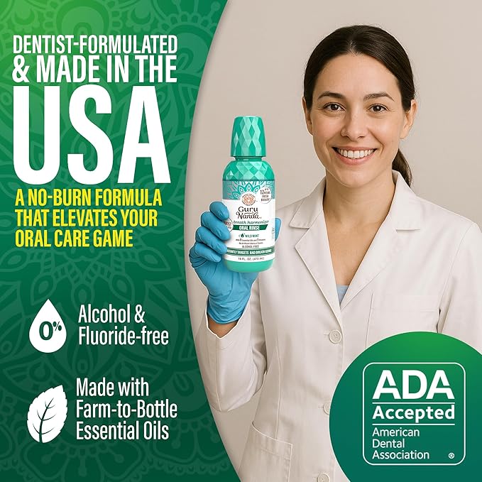 GuruNanda Fresh Breath Mouthwash, ADA-Accepted, Alcohol & Fluoride-Free, Sodium Chlorite, Essential Oils & Vitamins, 12-Hrs Fresh Breath, Wild Mint, 16 oz (Pack of 3)