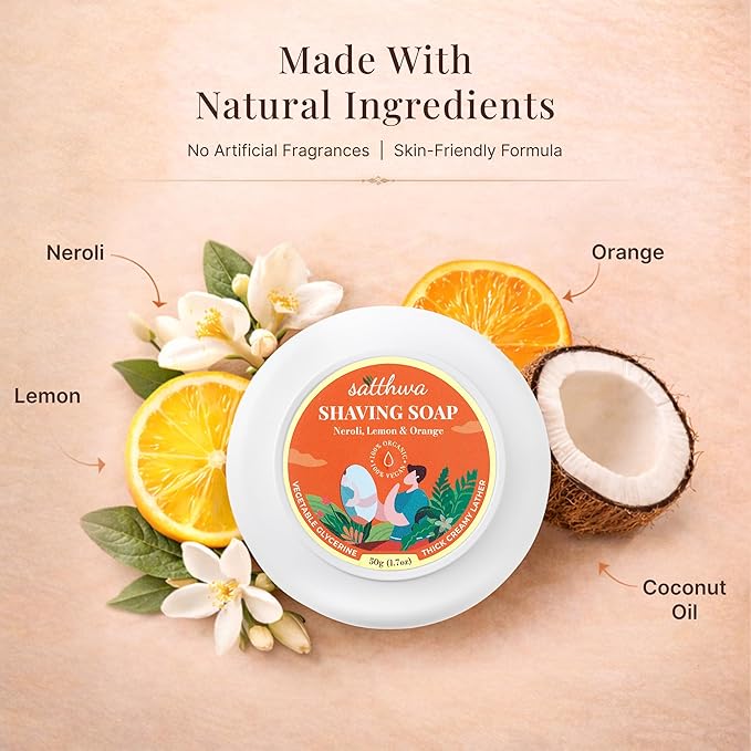 Satthwa Organic Shaving Soap Puck infused with Neroli, Lemon & Orange | Create the Perfect Lather | Excellent for Silky Smooth Shaves | Hydrates and Shields, For Men & Women - 50gx2 (1.7oz x2)