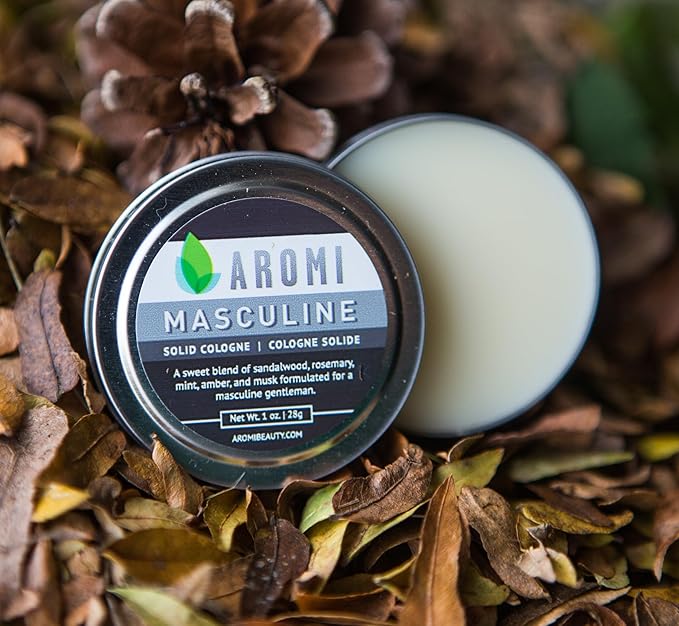 Aromi Solid Cologne for Men | Sweet Musky Fragrance, Powdery Scent, Wax-Based, Travel, Sandalwood, Small Men's Gift (Masculine)