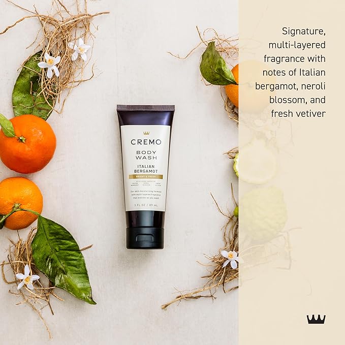 Cremo Rich-Lathering Italian Bergamot Travel Size Body Wash Men, Notes of Italian Bergamot, Neroli Blossom, and Fresh Vetiver, 3 Fl Oz Travel Essentials