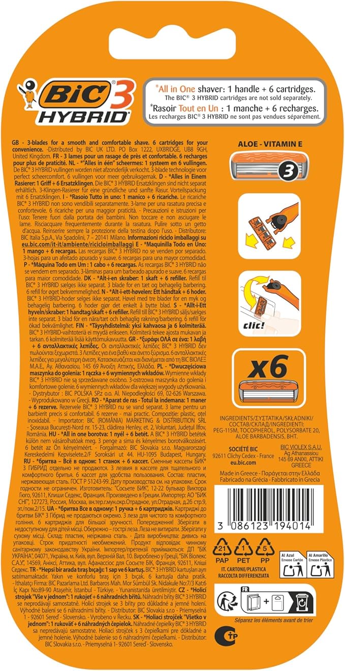 Bic 3 Hybrid Men's Triple-Blade Razors, Pack with 1 Handle + 6 Refills - Lubricating Strip with 3 Blades and Pivoting Head for a Smooth, Precise Shave