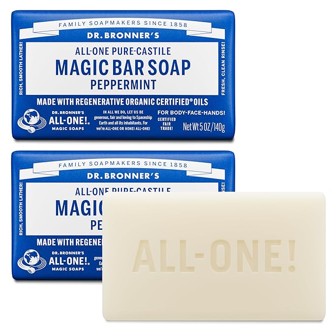 Dr. Bronner's Pure-Castile Magic Bar Soaps (Peppermint, 5oz, 2-Pack) – Made with Regenerative Organic Certified Oils, Soap Bars for Men & Women, Gentle for Face & Body, Vegan, Non-GMO
