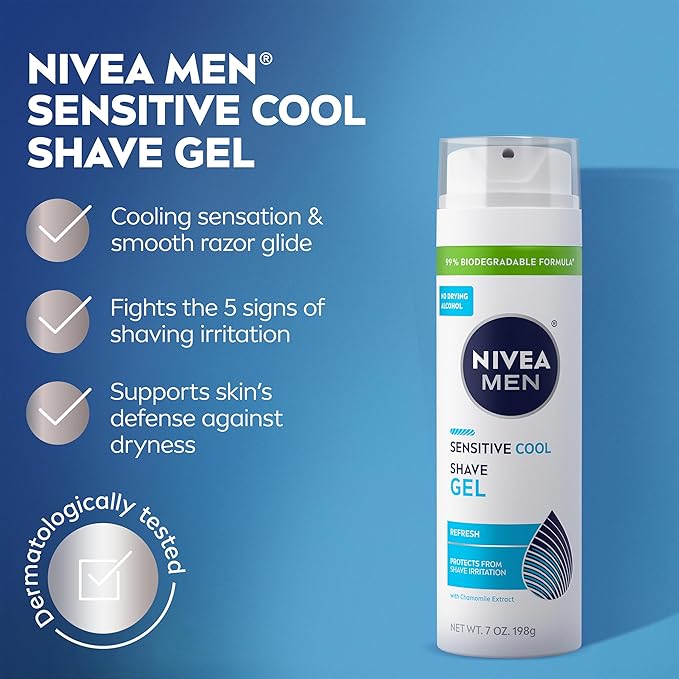 NIVEA MEN Sensitive Cool Shave Gel for Sensitive Skin, Alcohol Free Shaving Gel with Chamomile Extract, 7 Oz Can, Pack of 3