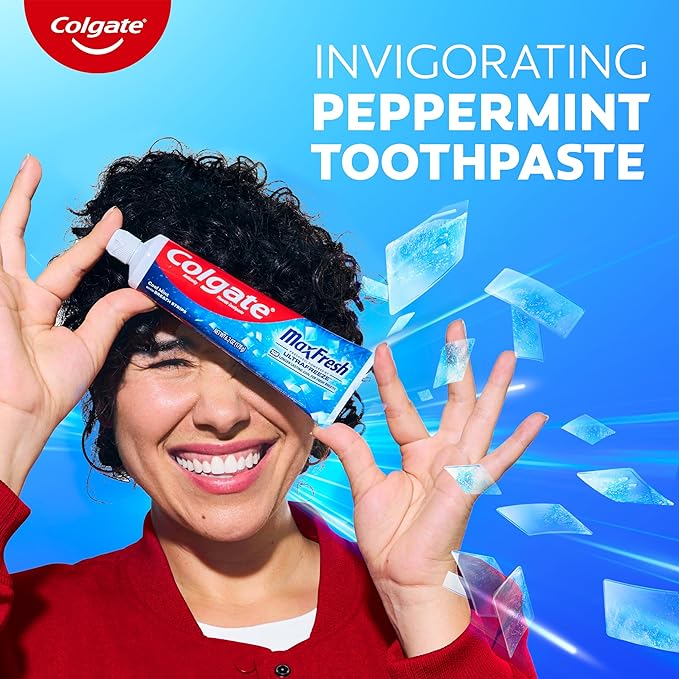 Colgate MaxFresh Cool Mint Toothpaste Pack, Fresh Breath Toothpaste with Fluoride and Hundreds of Mini Breath Strips, Leaves Mouth Feeling Refreshed for Hours, 4 Pack, 6.3 oz