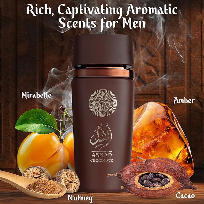 SAADAH Ashad Chocolate Eau De Parfum for Men 4.0 Fl.oz, 120ml Oriental Spicy Gourmand Cologne, Bold Pink Pepper Lavender Cacao, Bourbon Vanilla Amber Vetiver, Long Lasting Masculine Luxury Fragrance