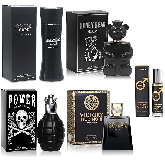 Men's Cologne Gift Set - Variety Pack of 4 Long Lasting Fragrances with 10ml Pheromone Cologne (Amazing Code/Honey Bear Black/Power/Victory Oud Noir)