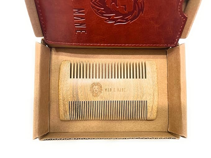 Premium Natural Green Sandalwood Dual-Action Beard Comb with Protective Case – the Perfect Beard & Mustache Grooming Companion & Gift for Men – by Man & Mane