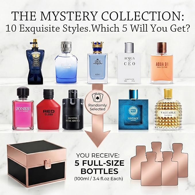 Hybrid & Company Men's Cologne Mystery Box 5Pcs, Surprise Blind Box Random Scent, Extended Wear Fragrance Eau de Parfum Cologne Gift Set for Men, 3.4 Fl Oz Each