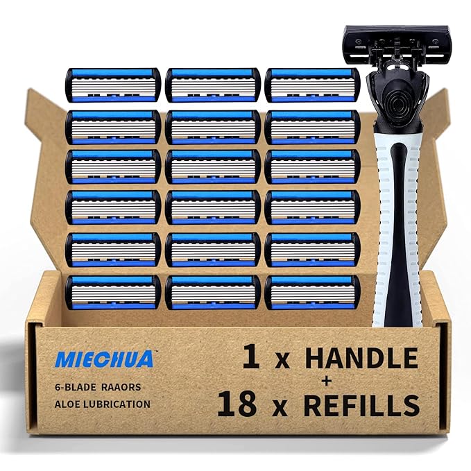6-Blade Razor,Plastic Anti-slip Men Manual Refill Cartridges razors, Reusable Face Cleansing Care Tool, 18 pcs refill cartridges, Shave Supplies for Men and Women - Black