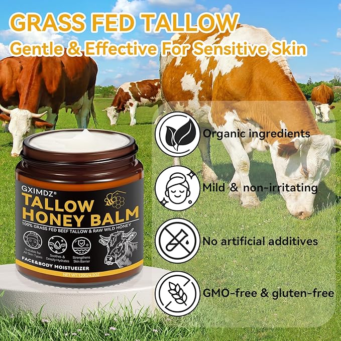 Beef Tallow for Skin, Tallow and Honey Balm, Grass-Fed Beef Tallow Moisturizer for Face & Body with Raw Honey & Beeswax, 4.2 Fl Oz