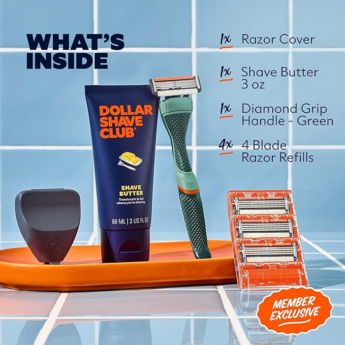 Dollar Shave Club | The Member Exclusive Shave Set | 4 Swift Rinse Refill Cartridges, 1 Handle (Green), 1 Shave Butter 3 ounce, 1 Razor Cover, Razors for Men