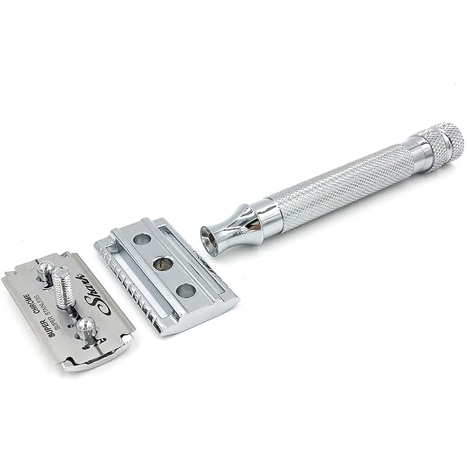 Parker 91R Heavyweight Long Handle Safety Razor – Classic 3-Piece Double Edge Razor for Smooth, Close Shaves – Brass Frame with Textured Chrome Finish – Compatible with All DE Razor Blades