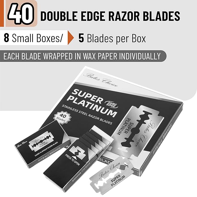 Bates Double Edge Safety Razor Blades for Men - Stainless Steel, 40 Pack, Shaving Blades
