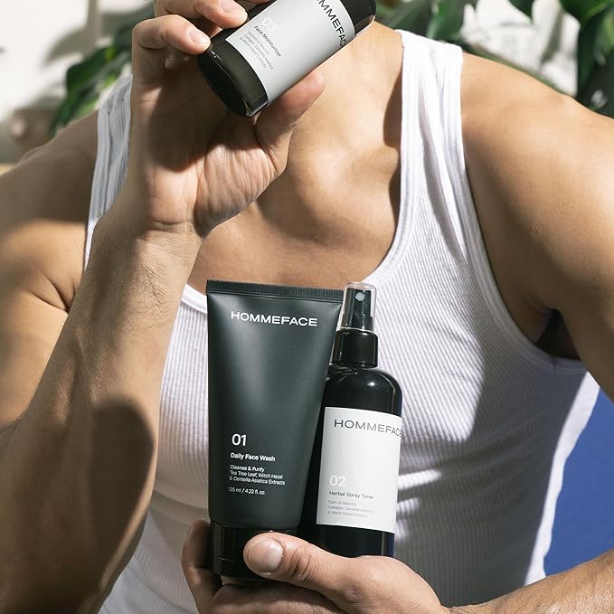 HommeFace Men’s Daily Trio 3-Step Daily Routine Set with Face Wash, Herbal Spray Toner & Moisturizer - Korean Skincare Technology with CICA, Tea Tree Leaf & Witch Hazel Extracts, for All Skin Types