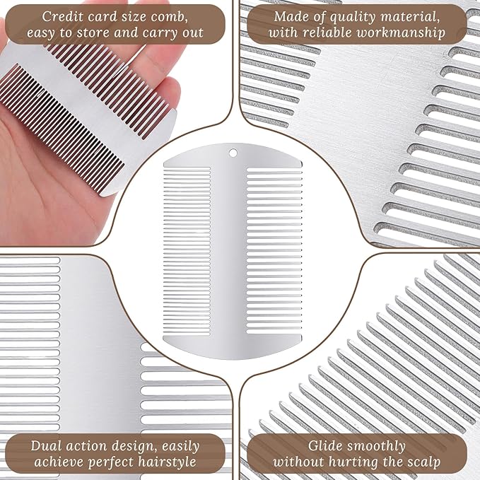 2 Pcs Metal Hair Combs for Women Stainless Steel Beard Mustache Comb Anti-Static Dual-Action Beard and Hair Wallet Comb Credit Card Size for Grooming on the Go Gift(Silver)
