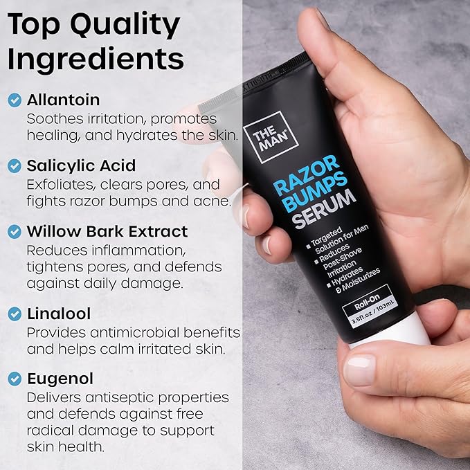 The Man Razor Bumps Serum - Ingrown Hair Treatment for Men - Razor Bump Treatment for Men - Face & Body After Shave & Razor Burn Treatment - Metal Roll On Soothes Skin & Calms Irritation (3.5fl.oz)