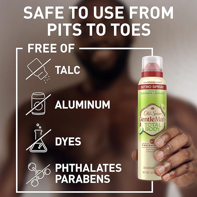 Old Spice Whole Body Deodorant Spray for Men, Aluminum Free, Cucumber + Avocado Scent, 24/7 Odor Protection, 24/7 Lasting Freshness, Dermatologist Tested, Gentle on Skin, Safe to Use All Over, 3.5 oz