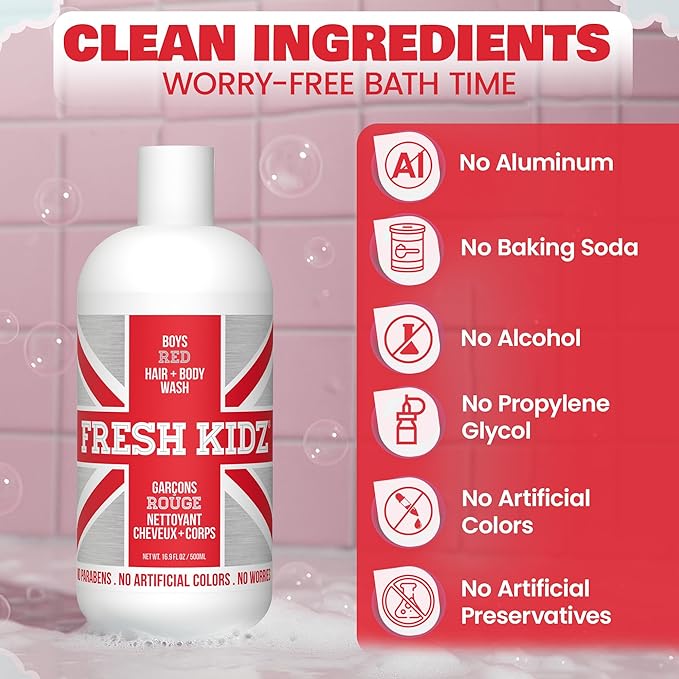 Fresh Kidz Hair & Body Wash for Kids and Teens - Gentle Bath and Shower Cleanser for All Skin Types - Boys Red, 16.9 fl.oz.