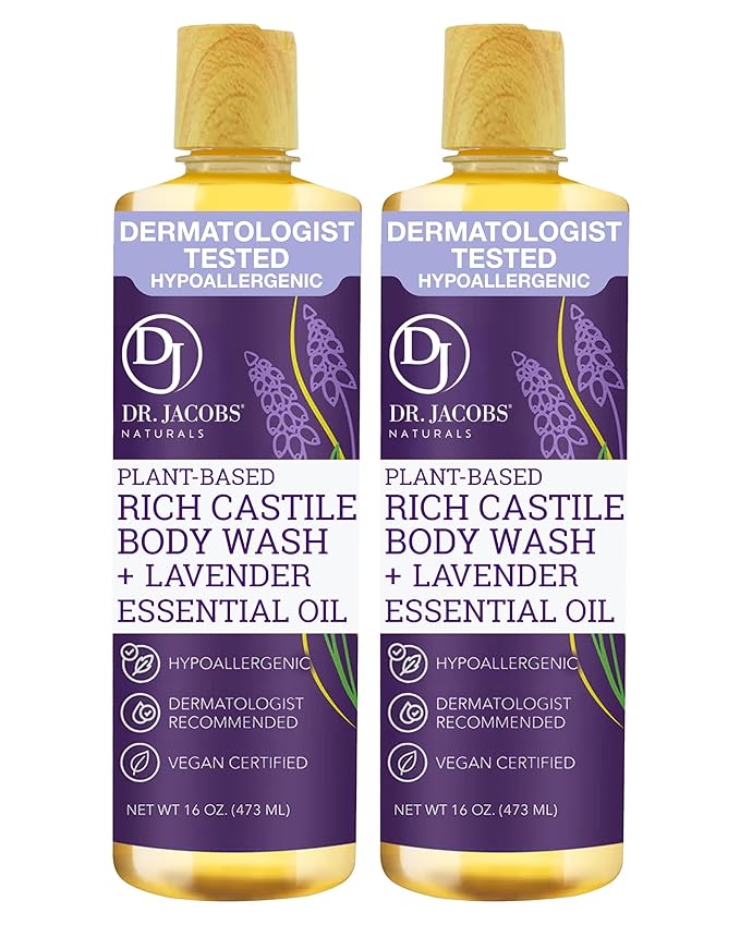 Dr. Jacobs Naturals Pure Castile Soap Liquid Body Wash, Lavender - Plant Based Soap Infused with Vitamin E and Aloe Vera to Moisturize Dry and Sensitive Skin - Made in the USA - 16 oz, Pack of 2