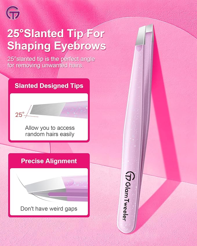 Expert Eyebrow Hair Removal Tweezer with Leather Case, GlamTweeler High Precision Slant Tip Stainless Steel Tweezers for Men and Women (Sparkle Baby Pink)