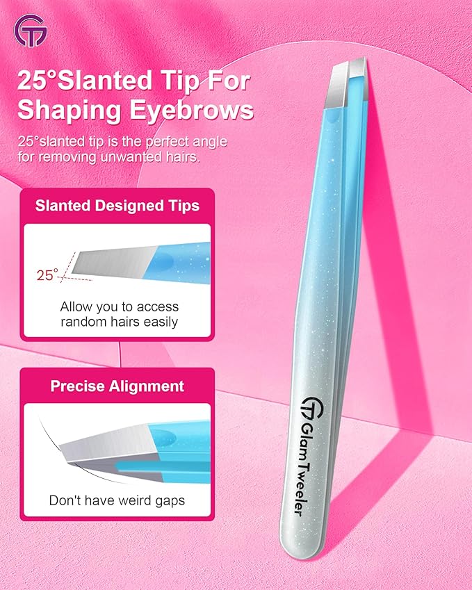 Expert Slant Tip Tweezers with Leather Case, GlamTweeler Sharp & Precision Stainless Steel Tweezer for Eyebrows, Facial Hair and Fine Hairs Removal (Sparkle Blue & Silver)