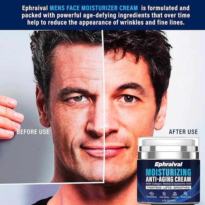 Retinol Anti-Aging Cream for Men: Moisturizing Face Cream with Hyaluronic Acid Vitamin E Peptides - Reduces Wrinkles Firms Skin Lightweight Formula 1.7 fl oz