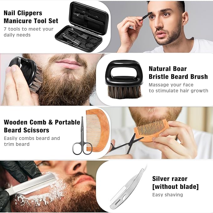 Nuogo 15 Pcs Birthday Gifts for Men Beard Care Set for Him Valentine's Day Gifts Basket Ideas Kit for Men Tumbler Bath Robe for Dad Husband Boyfriend Box(Wine Red)