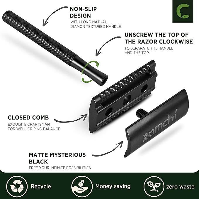 ZOMCHI Double Edge Safety Razor with 10 Safety Razor Blades, Single Blade Razor for Men with Razor Stand, Men's Safety Shaving Razors – Black