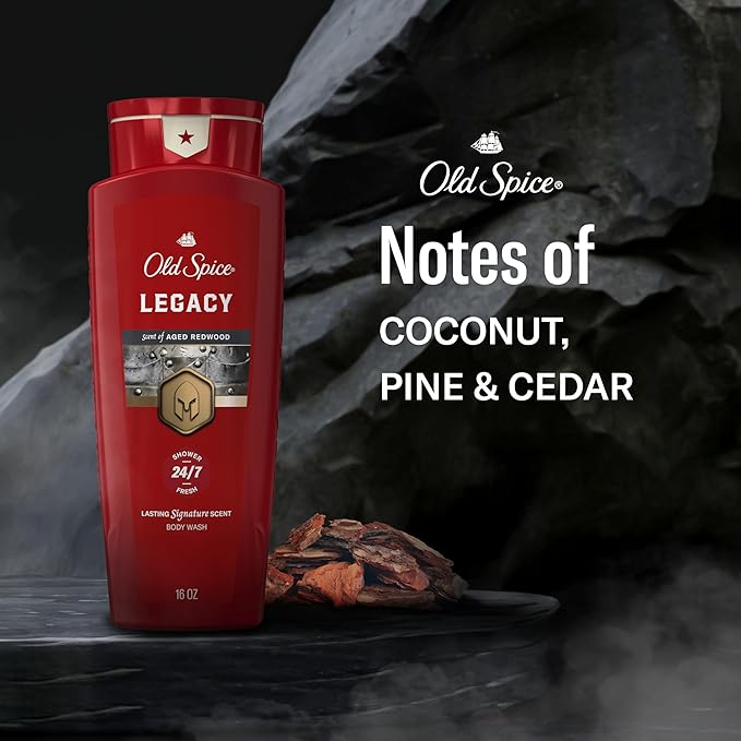 Old Spice Body Wash for Men, 24/7 Shower Fresh & Clean with Daily Use, Lasting Signature Scent, Refreshing Lather, Moisturizing Formula, Legacy with Coconut, Pine & Cedar Scent, 16 oz