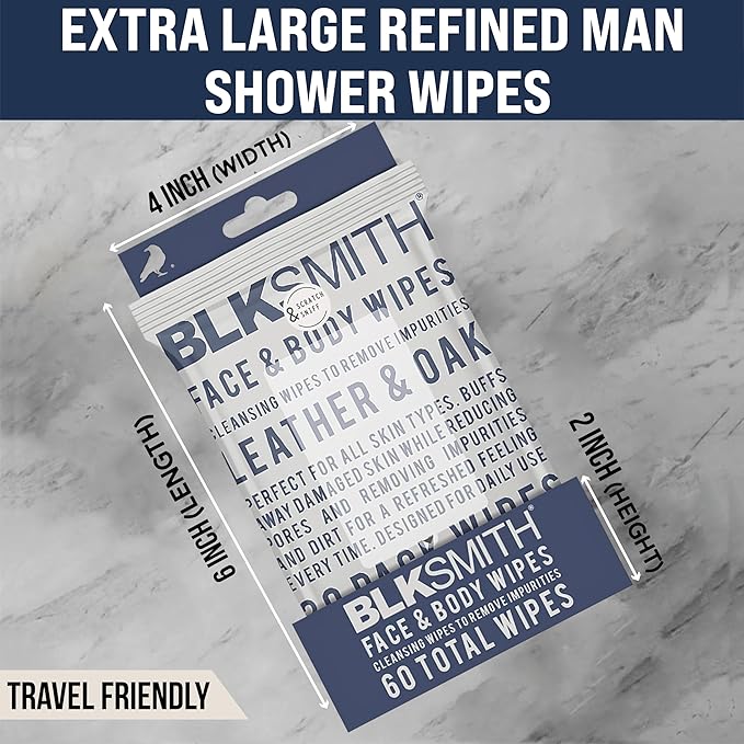 BLKSMITH Face & Body Wipes for Men - Travel Face & Body Wipes - Total 60 - Leather & Oak & Cedar Bourbon, Cool Gifts for Men 30x2 Wipe - Ideal for Gym, Office, or Outdoors, 2 Pack