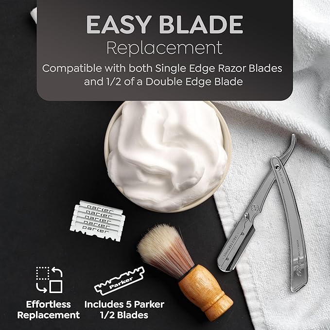 Parker SRX Straight Razor – All Stainless Steel Barber Razor with Clip-Type Blade Holder for Disposable Blades – Ideal for Precision Wet Shaving at Home or Barbershop – Iconic Brand