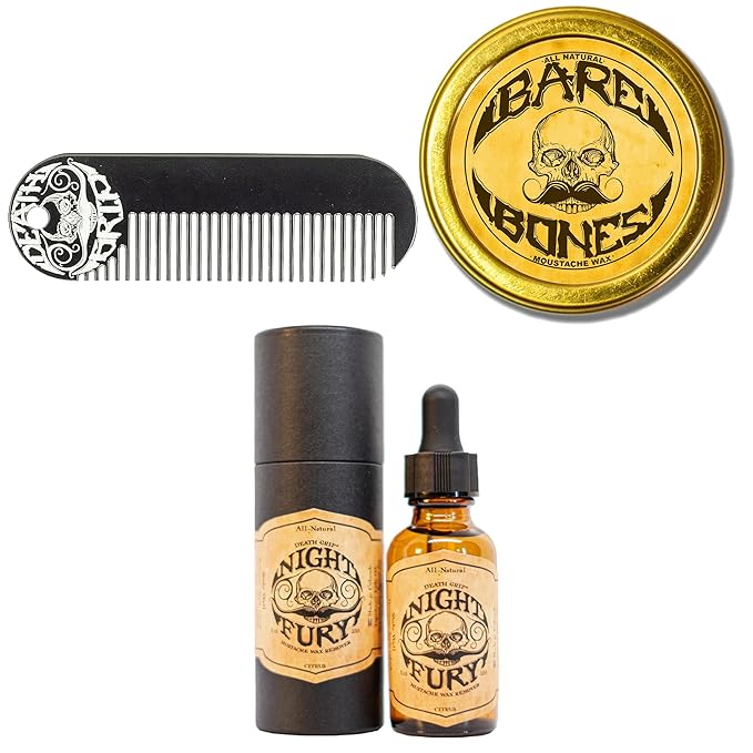 THE VINTAGE GROOMING CO. Bare Bones Medium Hold Mustache Wax, Night Fury Mustache Wax Remover Oil, and Comb Set