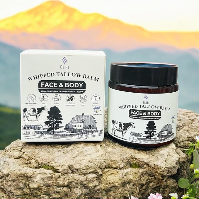 ELHI Whipped Beef Tallow Skin Moisturizer, 100% Grass Fed, Face and Body Balm, For Women & Men, 4 OZ, (VANILLA LAVENDER)