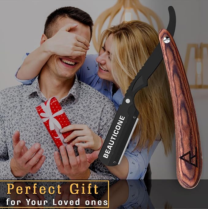BEAUTICONE Straight Razors for Men, Straight Edge Razor, 100 Single Edge Blades, Stainless Steel, Barber Razor for Men's Shaving, Barber Shaving Knife, Wooden, Swinglock
