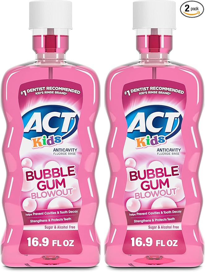 ACT Kids Anticavity Fluoride Mouthwash, Sugar & Alcohol Free Mouth Rinse Strengthens Teeth, Bubble Gum Blowout, 16.9 fl. oz. (Pack of 2)