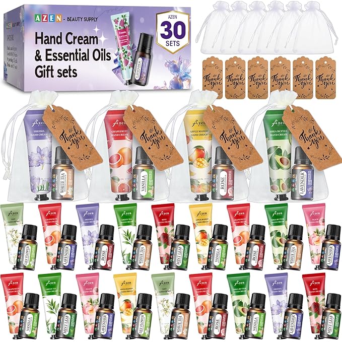 AZEN 30 Sets Bulk Gifts, Hand Cream and Essential Oils Bulk Set with Organza Bag Thank You Card, Baby Shower Wedding Gifts for Guests, Bridal Wedding Favors for Guests,Thank You Gifts for Women