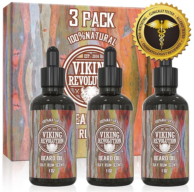 Viking Revolution Bay Rum Beard Oil for Men - Natural Argan and Jojoba Oil Blend for Softening, Strengthening, and Moisturizing Beards (3 Pack)
