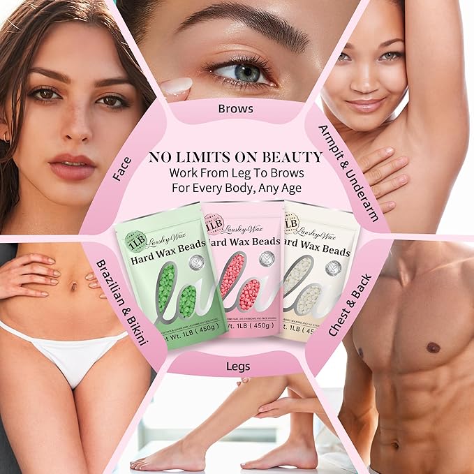 LANSLEYWAX Pink Hard Wax Beads, 1LB Wax Beans for Sensitive Skin & Full-Body Hair Removal, Brazilian/Bikini/Face/Legs/Eyebrow/Armpit/Chest Waxing Refill at Home for Women & Men, Stripless Formula