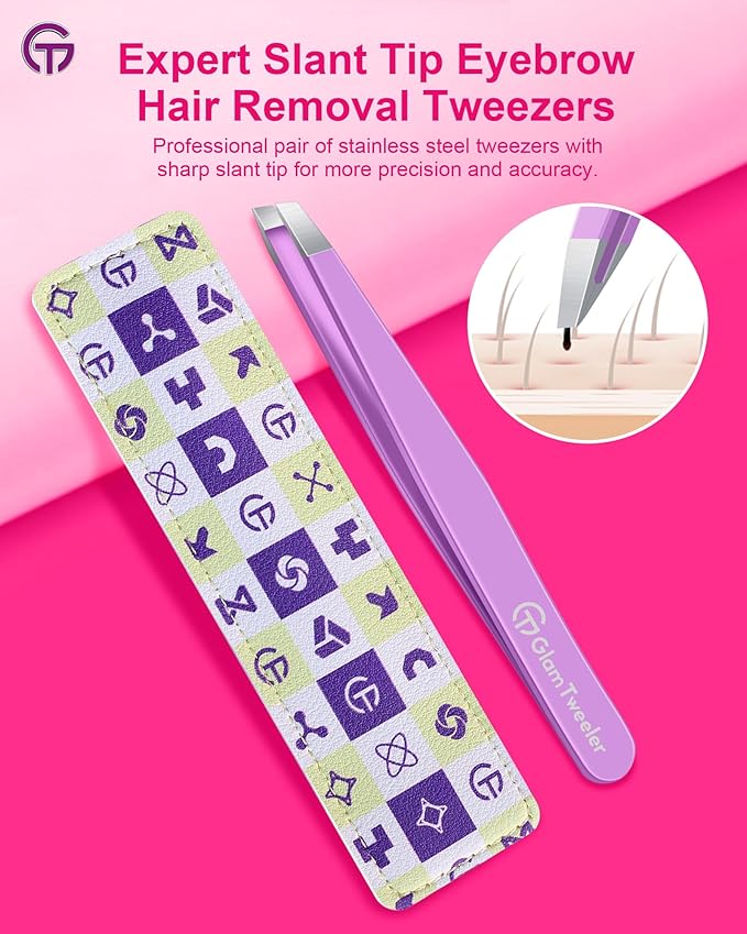 Expert Slant Tip Tweezers with Leather Case, GlamTweeler Sharp & Precision Stainless Steel Tweezer for Eyebrows, Facial Hair and Fine Hairs Removal (Violet)