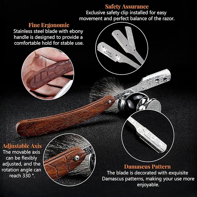 Straight Razor For Men - Premium Stainless Steel Barber Shaving Kit With Wooden Handle & Safety Guard, Single Blade Precision For Smooth Shaving With 10 Blades, Brown Spider Wood Handle