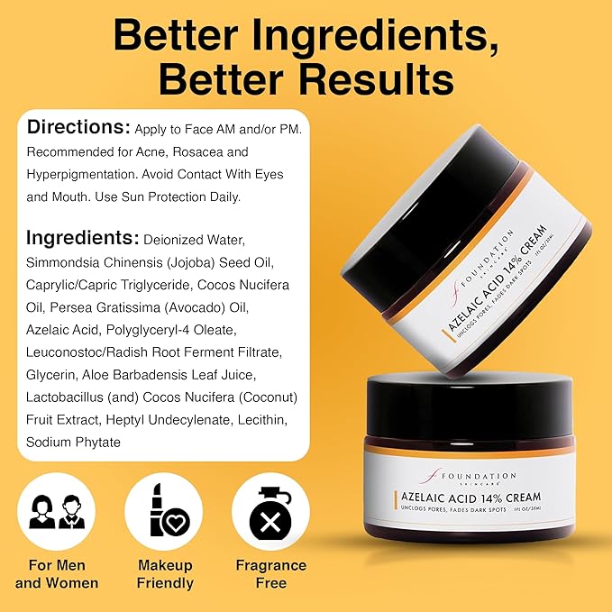 Foundation Skincare Azelaic Acid for Face 14% (1 Fl Oz) – Dermatologist Formula for Uneven and Blemish-Prone Skin, Supports Balanced Tone & Smooth Texture for Men & Women